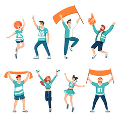 football fans. soccer sport national championship competition squad, cartoon supporters group characters. vector cartoon characters collection.