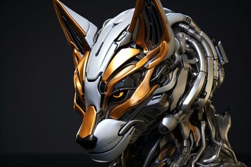 Detailed 3D sculpture of a fox robot head with realistic lighting and dark shiny background - ideal as a souvenir or home decoration. Generative AI