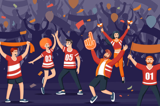 football fans background. cartoon supporters group characters rejoice in the victory of their team, soccer sport national championship competition squad. vector cartoon characters background.