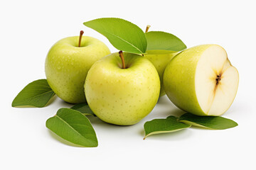 Apples with green leaves on white background