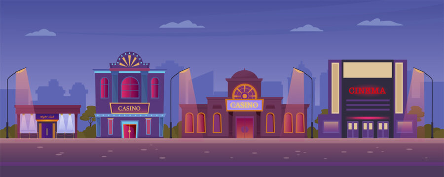 entertainment buildings background. nighty downtown modern urban nightlife entertainment buildings on the street. vector cartoon flat urban buildings.
