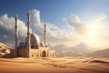 a beautiful grand mosque masjid in a desert at daytime - obrazy, fototapety, plakaty