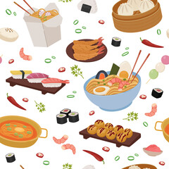 Chinese food pattern. chow Mein, sweet and sour chicken, spring rolls, dim sum, wonton, minimalistic flat cartoon delicious Chinese Asian food. vector China kitchen foods seamless pattern.