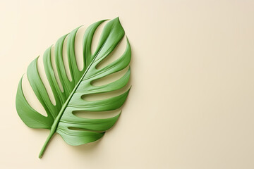 Fototapeta na wymiar Green tropical leaf on a beige background with copy space