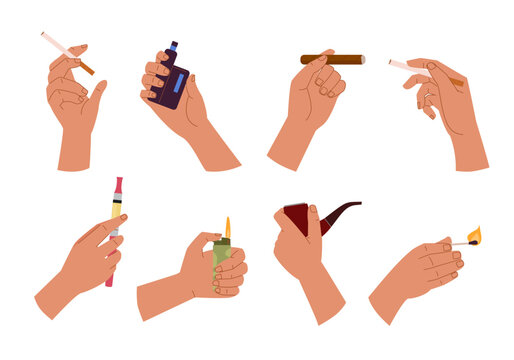 hand hold cigarette. smoking equipment concept, hands holding different smoking devices, vape nicotine tobacco addiction gadgets collection. vector cartoon items set.