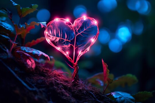 Glowing bioluminescent plant shaped like a human heart, in a mysterious forest.