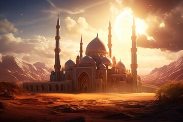 a beautiful grand mosque masjid in a desert at daytime - obrazy, fototapety, plakaty