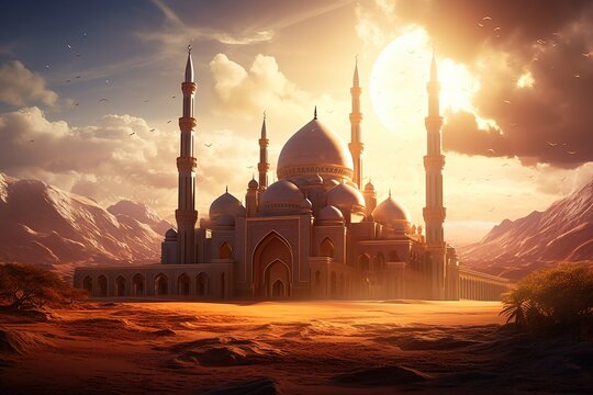 a beautiful grand mosque masjid in a desert at daytime