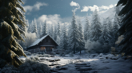 Snowy mountain landscape dominated by a wooden cabin with a sloping roof surrounded by snow-covered trees.