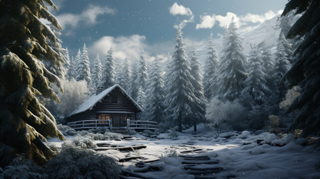Snowy mountain landscape dominated by a wooden cabin with a sloping roof surrounded by snow-covered trees.
