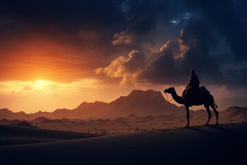 a silhouette of an arab man riding a camel in desert with sun in background