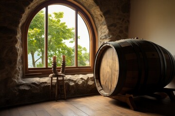 Barrel in an ancient castle beside the window. - obrazy, fototapety, plakaty