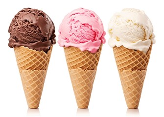 Chocolate, vanilla and strawberry Ice cream in the cone on white background.