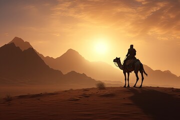 Fototapeta na wymiar a silhouette of an arab man riding a camel in desert with sun in background