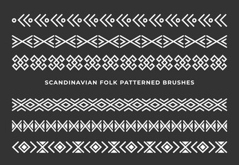 Collection of patterned brushes, decorated with scandinavian ethnic folk ornaments, seamless on both sides - obrazy, fototapety, plakaty
