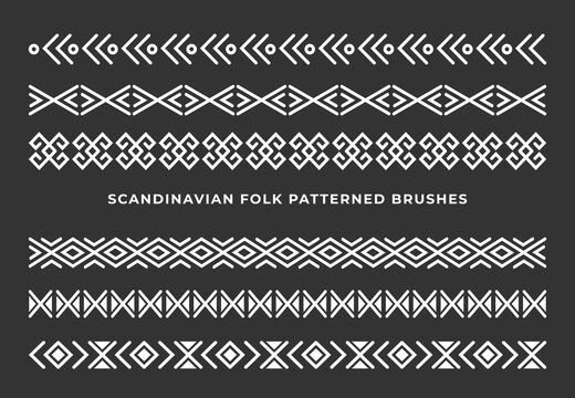 Fototapeta Collection of patterned brushes, decorated with scandinavian ethnic folk ornaments, seamless on both sides