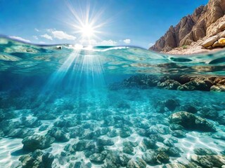 tropical island in the sea, Warm summer ocean with rocky bottom, Bright sunlight shining through clear blue water