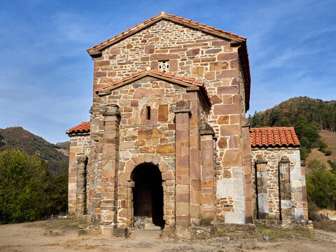 Facade of Santa Cristina de Lena, St Christine of Lena, a pre-romanesque church in Lena. Asturias, Spain, Europe
