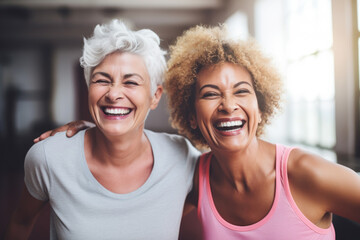 Senior women talking and smiling after exercise in the gym - obrazy, fototapety, plakaty
