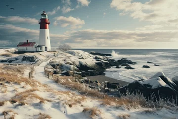 Rolgordijnen a light house in winters on a coast covered with snow © DailyLifeImages