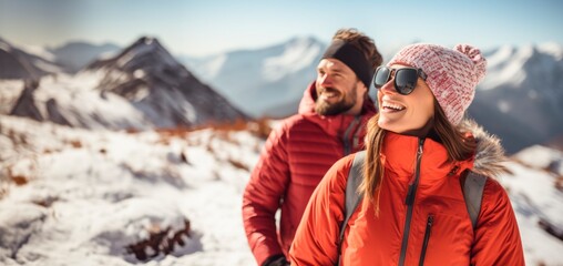 couple smiling standing on top of a snowy mountain after a hike. Adventure and mountain cincept