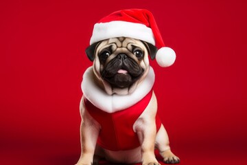 Dog dressed up as santa in Christmas. Christmas concept. Adorable Wallpaper of funny dog