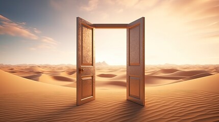 The opened door on the desert. Unknown and start up concept. - obrazy, fototapety, plakaty