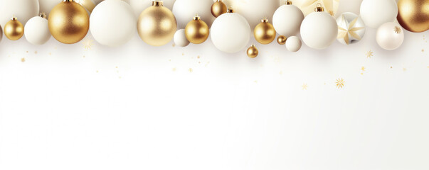 Fototapeta na wymiar Christmas festive celebration greeting ball decorative ornament greeting festive colorful ball shiny element background. Gold and white colours 
