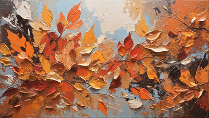 Abstract oil and acrylic art with palette knife strokes that evoke the essence of autumn leaves.