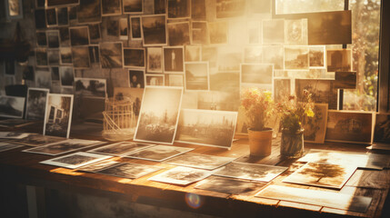 Nostalgic memories, an old photo album hanging by the window, casting shadows of cherished moments - obrazy, fototapety, plakaty