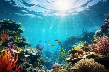 Fototapeta na wymiar Underwater view. Tropical Island And Coral Reef - Split View With Waterline