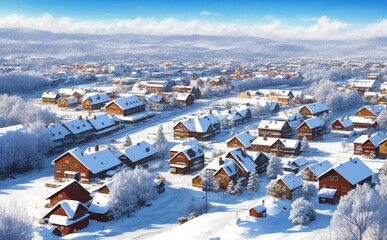 Watercolor painting: winter village landscape