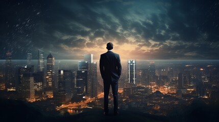 Fototapeta premium Global Partnership Triumph: Diverse Business Team in Conference Against Cityscape, Symbolizing Teamwork, Trust, and Successful Agreements in International Business Environment - Double Exposure Concep