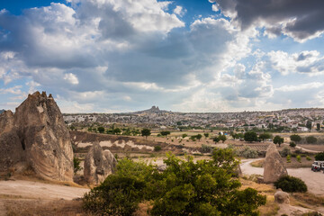 Fototapeta na wymiar Rocky landscape in Cappadocia, Turkey. Travel in Cappadocia. Amazing landscape view of Uchisar town in Cappadocia Turkey