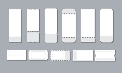 Set of empty tickets, Set of blank tickets. Realistic white mockup of ticket for concert, boarding, lottery, cinema, competition, birthday, movie, and coupon
