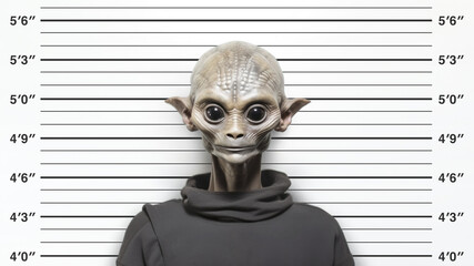 Police mugshot of a gray-skinned alien wearing casual clothes, standing against a height measurement backdrop. Generative AI