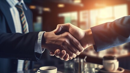 Global Business Collaboration: Successful Handshake in Urban Office Setting, Symbolizing Teamwork, Trust, and Partnership - Copy Space Available