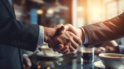 Global Collaboration Triumph: Double Exposure of Business People in Successful Partnership Handshake - Teamwork, Trust, and Agreement at City Office Building Conference. Copy Space Available
