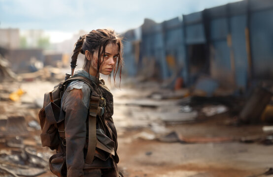 Determined young survivor girl with braided hair stands amidst urban post-apocalyptic ruins, carrying essential gear
