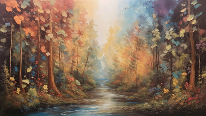 Enchanted forest vibes An abstract canvas painting capturing the essence of a mystical woodland.