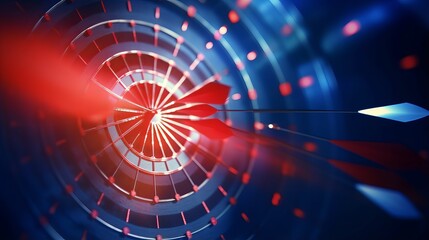 striking success: red dart arrows hit bullseye in the dark blue sky - business triumph and victory