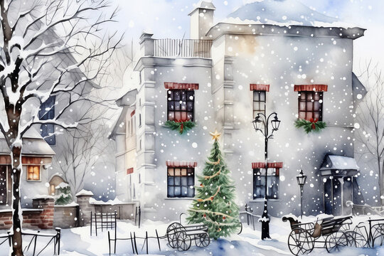 watercolor painting, a snowy winter street scene