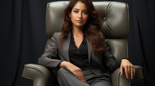 Young Asian Businesswoman Sitting Chair Posing Gray , Background Image , Beautiful Women, Hd