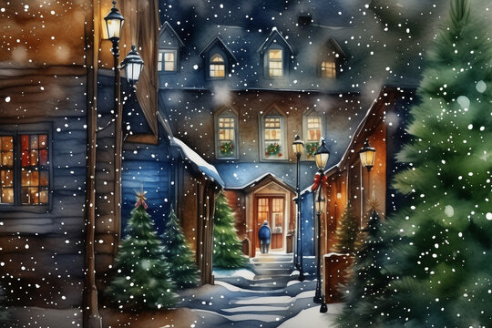 watercolor painting, christmas card : a snowy winter street scene