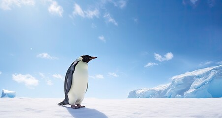 Penguin standing in Antarctica looking into the blue sky.