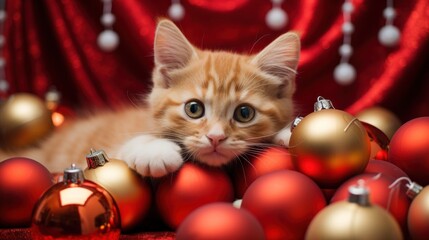 ginger cat among Christmas balls on New Year's holidays, red and gold color