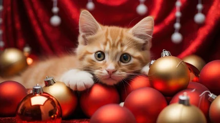 Foto op Plexiglas ginger cat among Christmas balls on New Year's holidays, red and gold color © OlgaChan