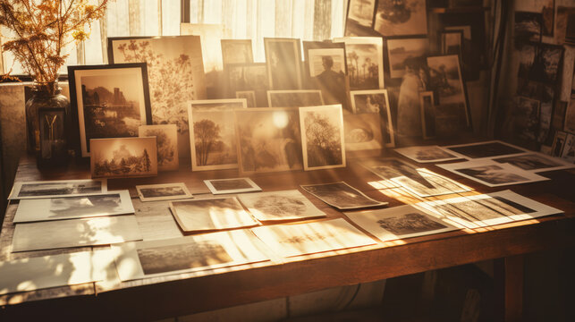 Nostalgic memories, an old photo album hanging by the window, casting shadows of cherished moments