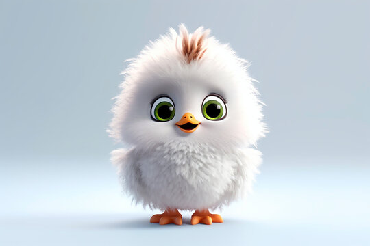 Chick on a white background. Adorable 3D cartoon animal portrait.
