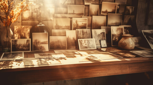 Nostalgic memories, an old photo album hanging by the window, casting shadows of cherished moments
